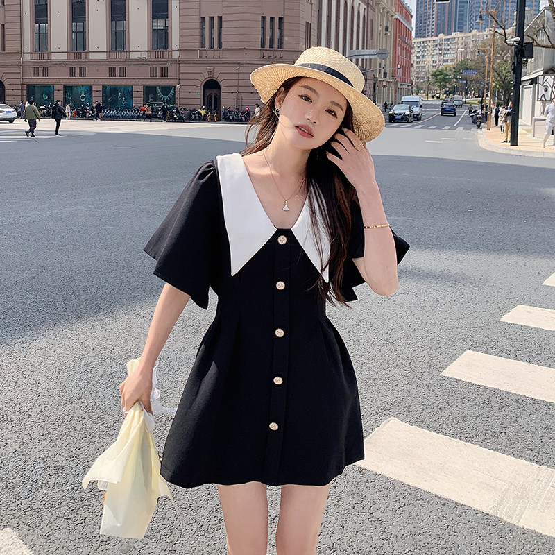 法式复古连衣裙女夏新款气质小个子高级感收腰显瘦a字小黑裙短裙,女装连衣裙,浙宝088