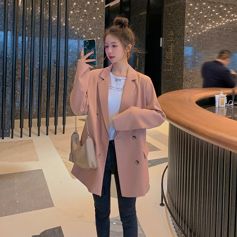 休闲粉色小西装外套女春秋2025年新款春装漂亮双排扣气质宽松西服图片