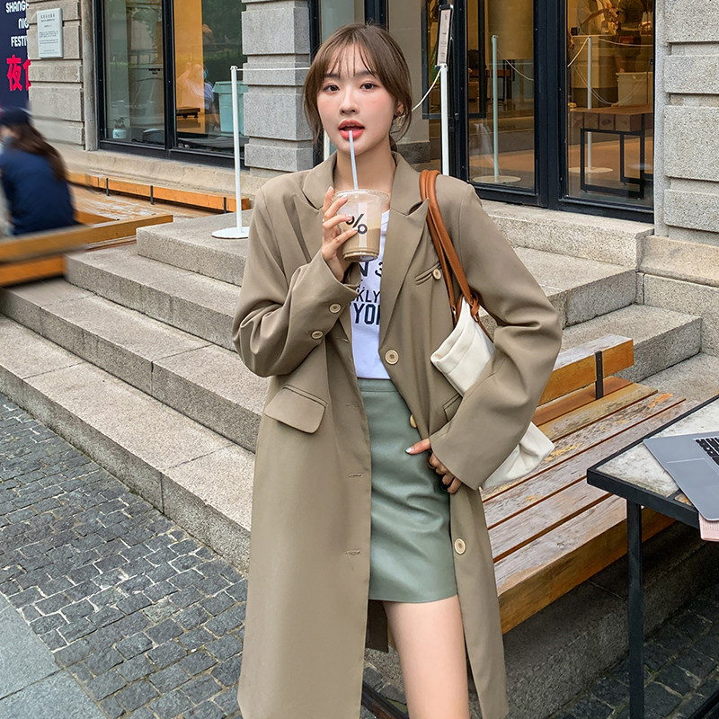 韩系宽松休闲卡其色西装风衣外套女春秋2025新款长款气质正肩大衣,女装风衣,浙宝088