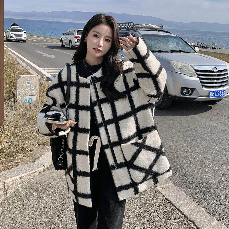 出货M833P175K2682024冬装新款格子圈圈呢毛呢加棉外套,女装毛呢外套,浙宝088