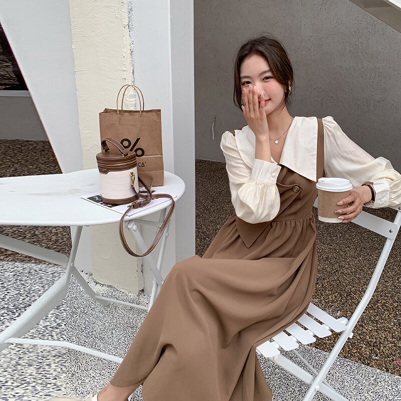 出货中M183P115K1682024春秋装新款假两件撞色连衣裙2色,女装连衣裙,浙宝088