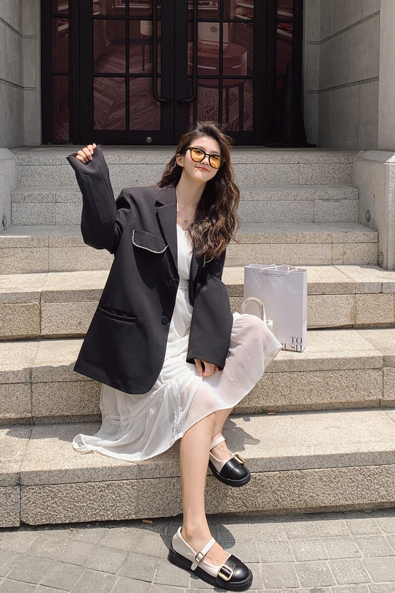 韩版宽松西装外套女春秋2025年新款气质简约时尚休闲黑色西服炸街,女装西装,浙宝088