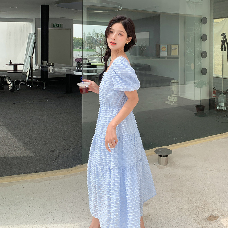 蓝色泡泡袖连衣裙女2025年夏季新款法式温柔风气质显瘦甜美初恋裙,女装连衣裙,浙宝088