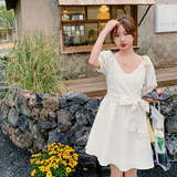 出货M536P105K1582024夏装V领定制面料短款收腰蝴蝶结连衣裙，女装连衣裙，浙宝088