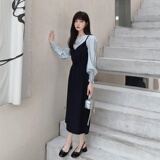 法式长袖假两件吊带连衣裙女春秋2025新款赫本风收腰气质黑色长裙，女装连衣裙，浙宝088