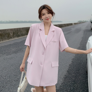 小清新粉色短袖西装外套女春夏薄款2025年新款韩版宽松小西服上衣图片