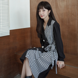 法式高级感拼接黑色西装连衣裙女春秋2025新款收腰显瘦长款a字裙，女装连衣裙，浙宝088