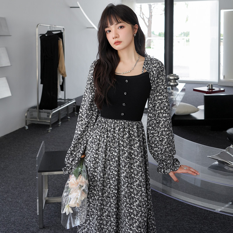 温柔风黑色长袖碎花连衣裙女春秋2025新款女装气质收腰别致长裙冬,女装连衣裙,浙宝088