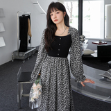 温柔风黑色长袖碎花连衣裙女春秋2025新款女装气质收腰别致长裙冬，女装连衣裙，浙宝088