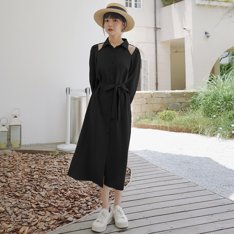 露肩气质衬衫连衣裙女2022早秋新款女法式宽松高级设计感小众裙子，女装连衣裙，浙宝088