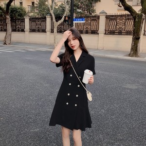 气质鱼尾职业西装裙黑色连衣裙女夏小个子轻熟风双排扣显瘦女神范
