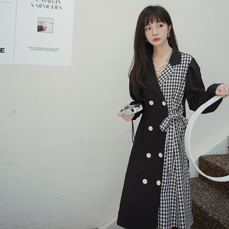 法式高级感拼接黑色西装连衣裙女春秋2025新款收腰显瘦长款a字裙图片