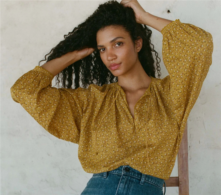 【正品现货】doen 黄色碎花印花上衣 挂绳流苏泡泡袖衬衫