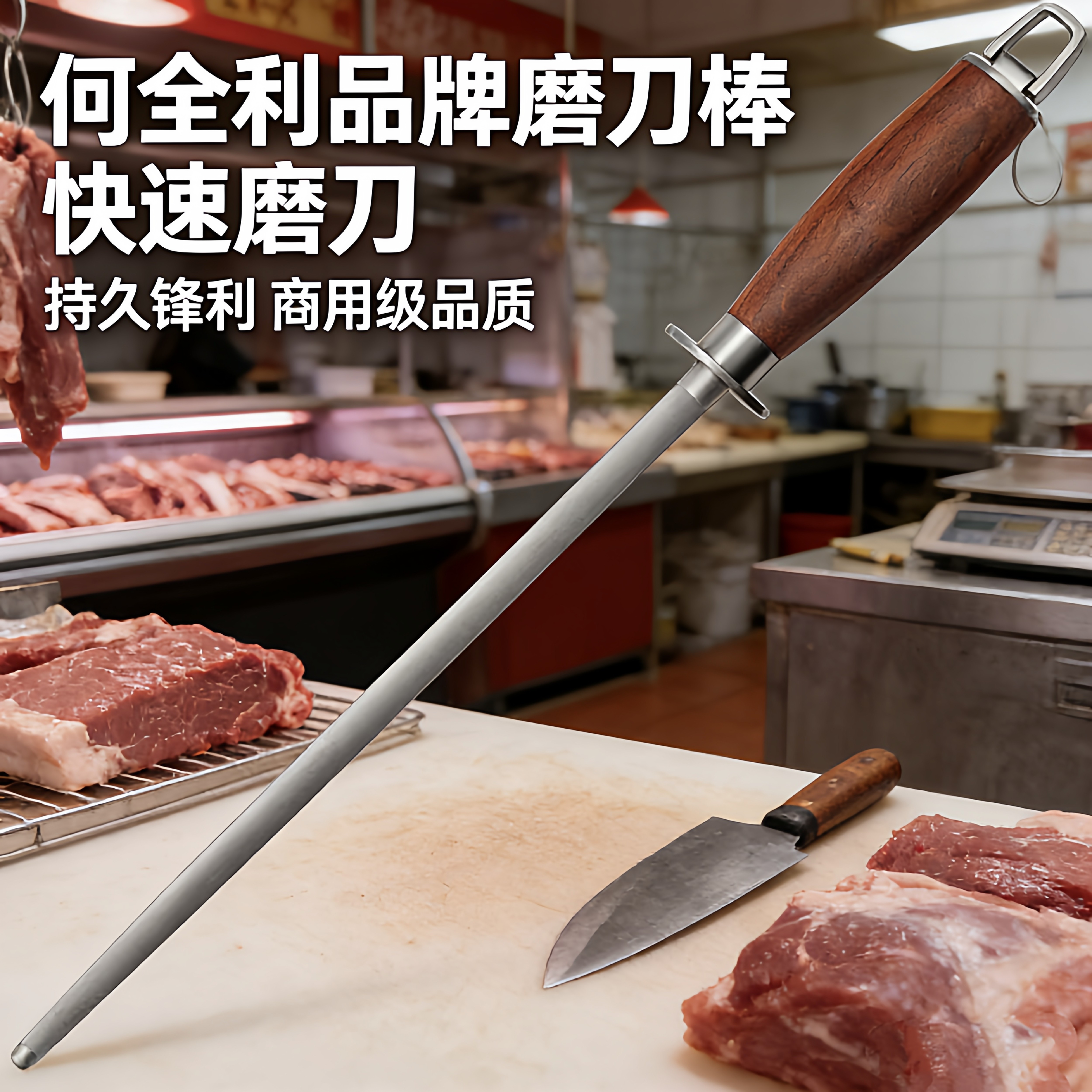 何全利12寸磨刀棒磨刀棍专用屠宰磨刀器商用挡刀细纹高碳钢磨刀石