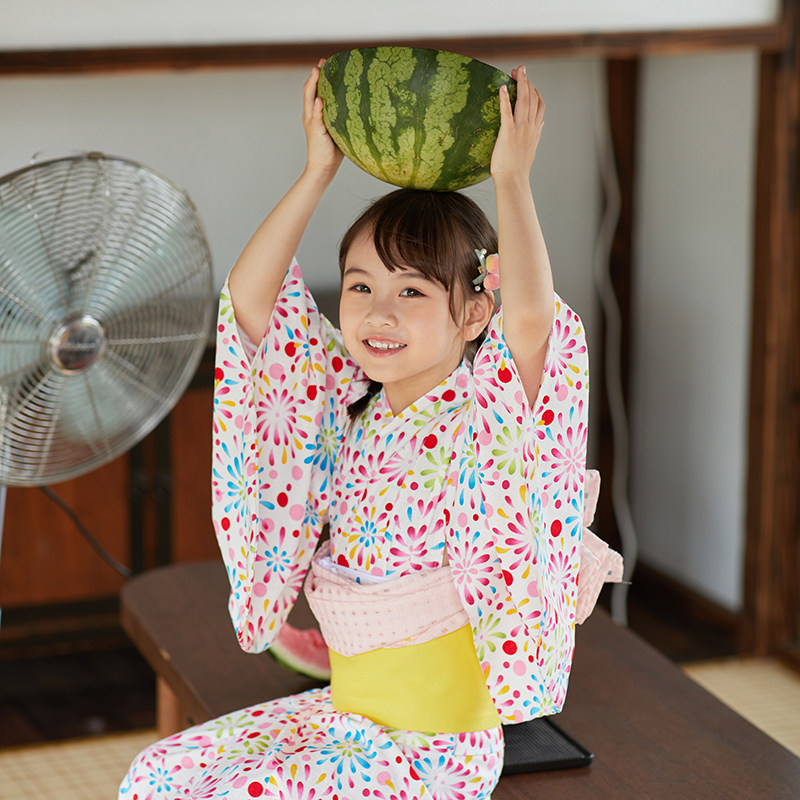 山鸟和色夏季全棉日本儿童和服日式浴衣女童连衣裙演出服彩色烟花
