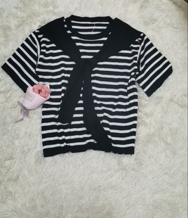 T恤035女生上衣 样衣百搭条纹海军风圆领短袖 短款 针织衫 打底衫