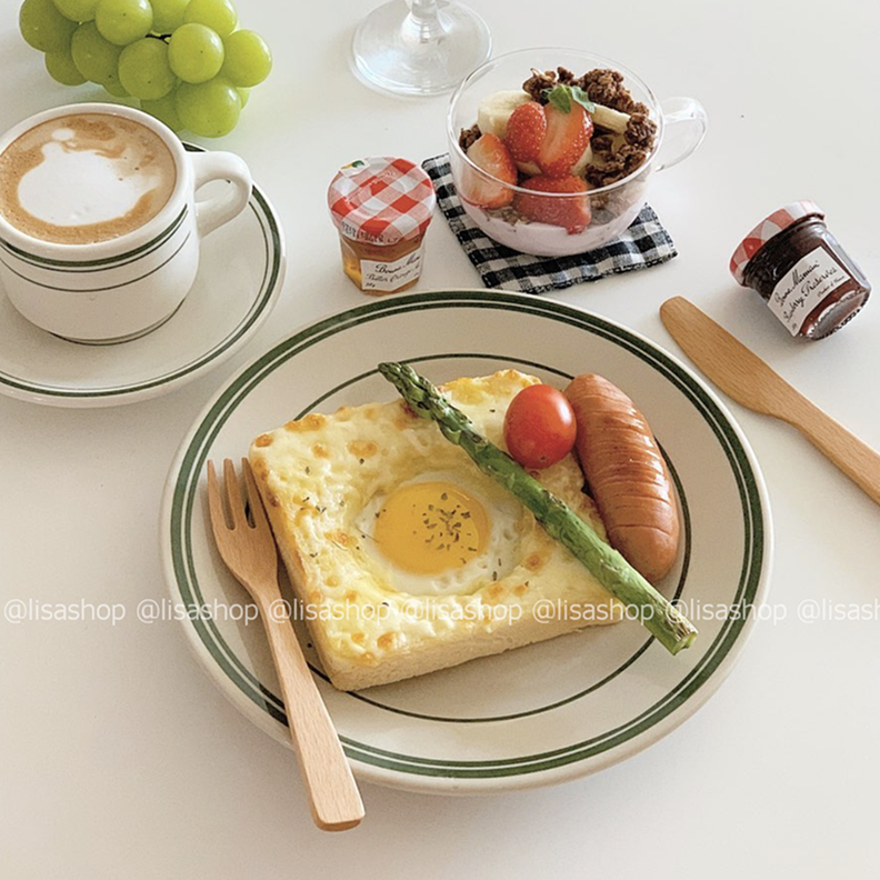 lisashop ins热款餐盘绿色线条盘子陶瓷盘一人食甜品盘早餐盘