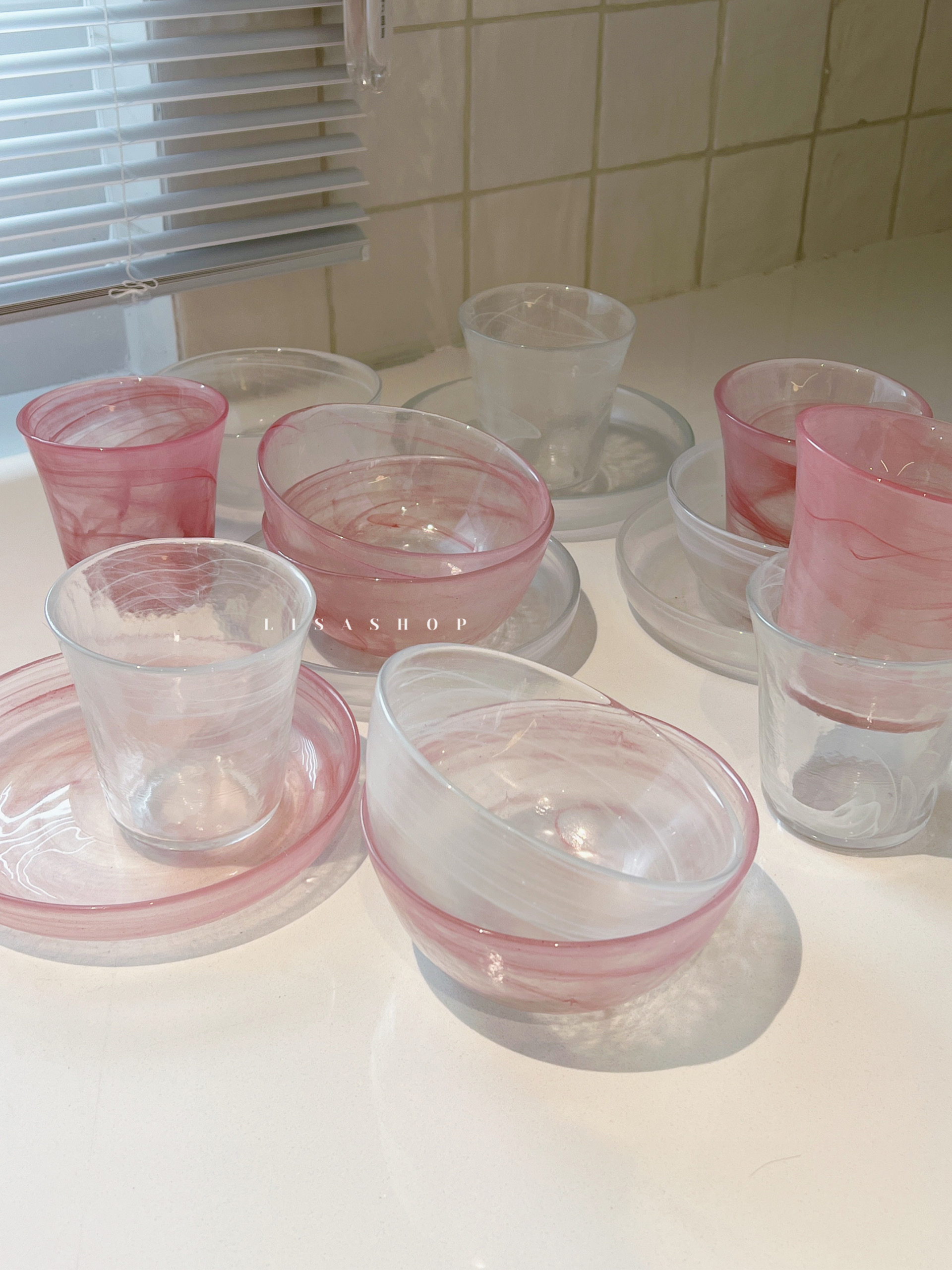 法式水晶玻璃粉白玻璃碗