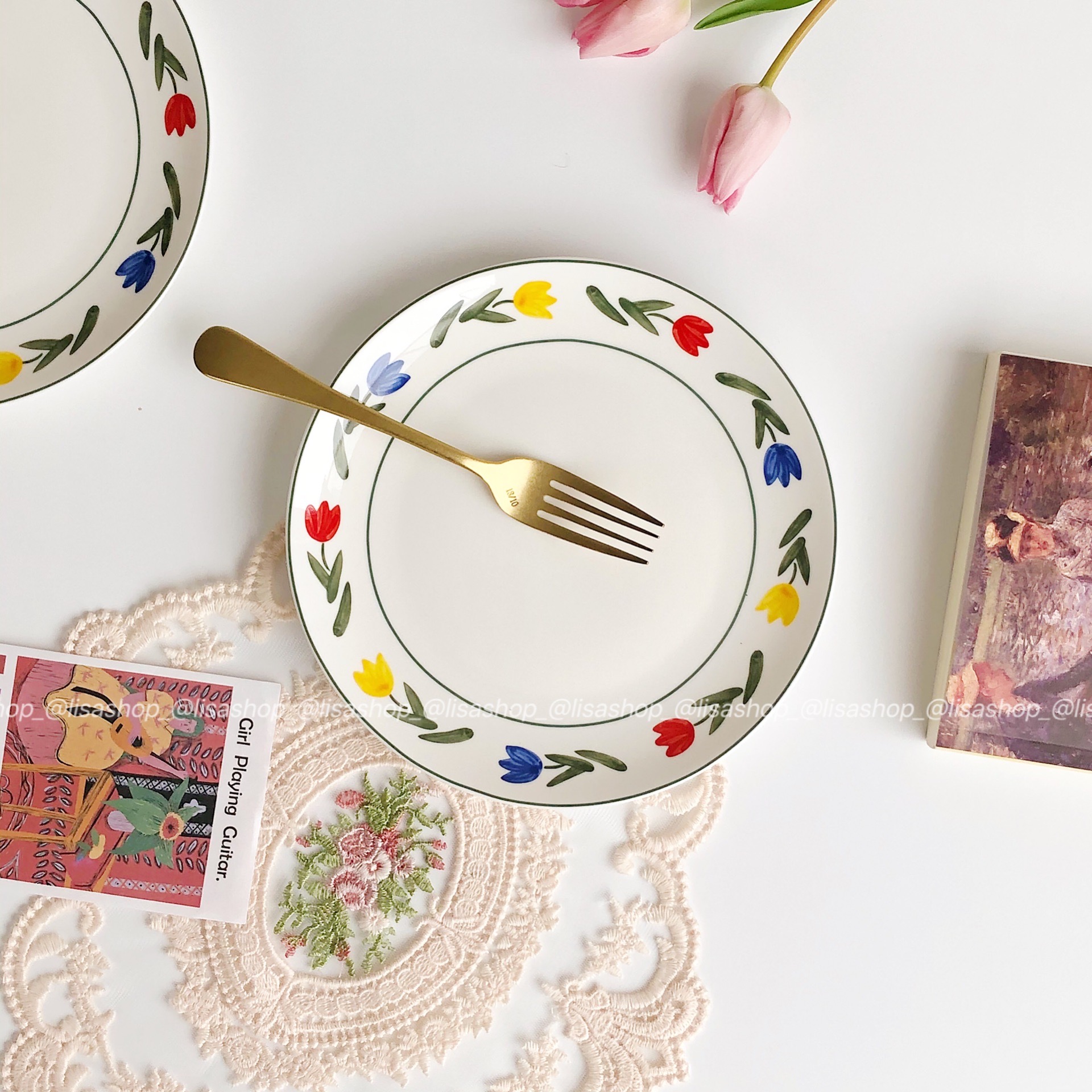 ls复古法式花卉陶瓷盘isn风玫瑰