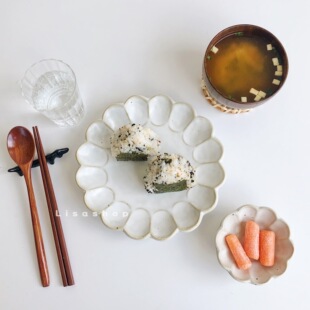 粗陶菊花边陶瓷盘家用餐具平盘纯色浅盘早餐盘水果盘子摆盘 LS日式