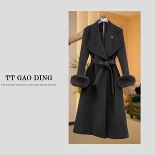 毛呢外套女狐狸毛袖 中长款 口宽松鹅绒羽绒大衣 金系列冬季 2025黑