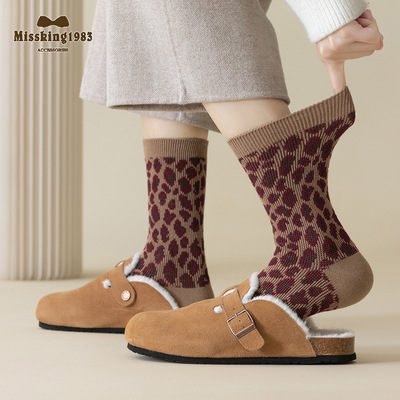 复古豹纹中筒袜秋冬新款女袜