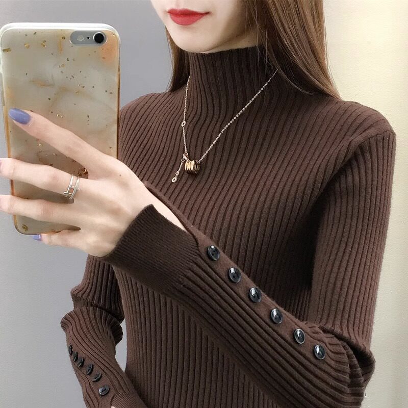 半高领打底衫女秋冬内搭加厚修身毛衣纽扣开叉袖子上衣针织衫女冬