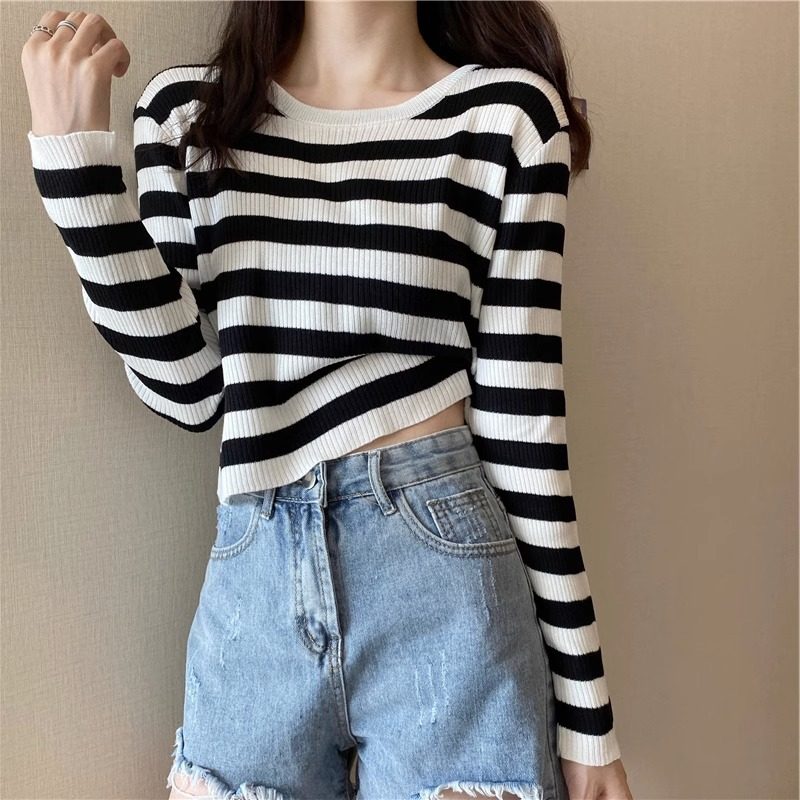 打底衫女内搭秋冬修身短款黑白色条纹t恤内搭长袖针织衫毛衣女