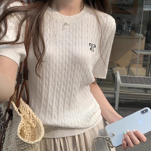 绝美别致韩版圆领蝴蝶结刺绣麻花轻薄针织短袖针织女夏季洋气上衣