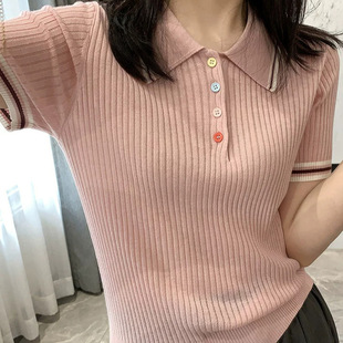 2026夏季新款翻领拼色时髦短袖针织衫女独特设计感修身显瘦上衣