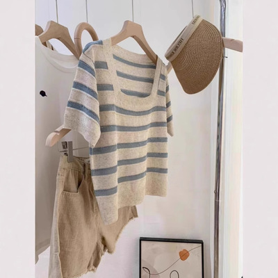 2025年新款欧货小衫蓝色条纹针织冰丝短袖正肩方领针织上衣女夏季