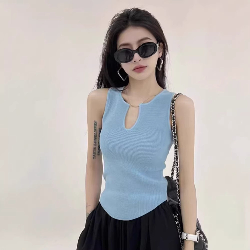 法式冰丝无袖V领针织背心图片