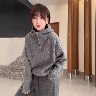 半拉链连帽长袖针织毛衣女款2026新款冬季宽松中长款休闲内搭上衣