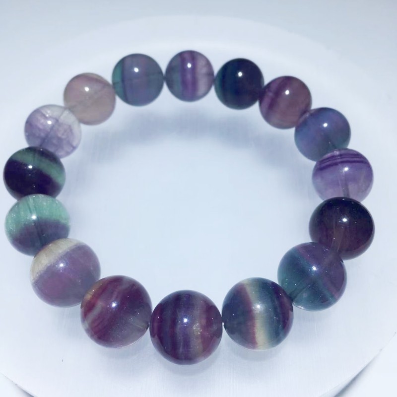 萤石手链 (fluorite) 拉丝圆珠 梦幻彩虹色 天然水晶 暖宫石手串