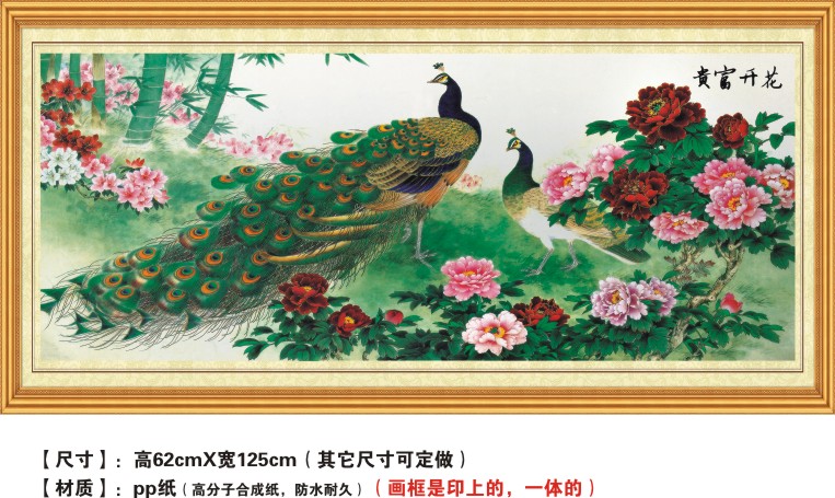 客厅中堂画中国画墙画牡丹花开富贵孔雀现代装饰画pp纸贴画年画图片