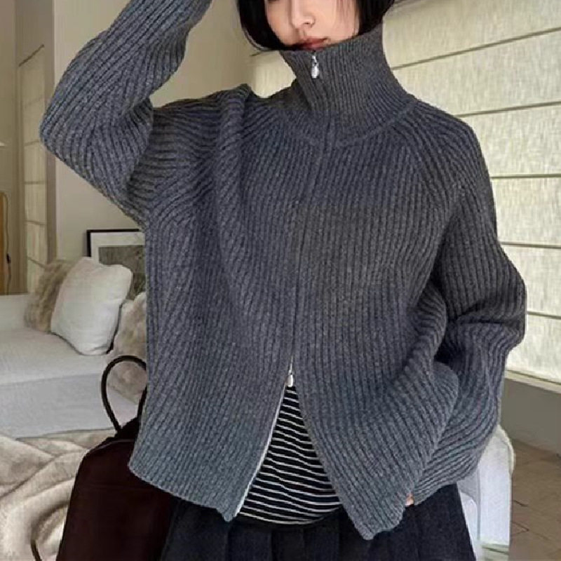 KANING韩版双拉链翻领针织开衫2025秋冬新款宽松慵懒风软糯毛衣女