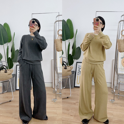 正品华绒套装！秋冬双层领假两件宽松显瘦休闲运动女士上衣阔腿裤