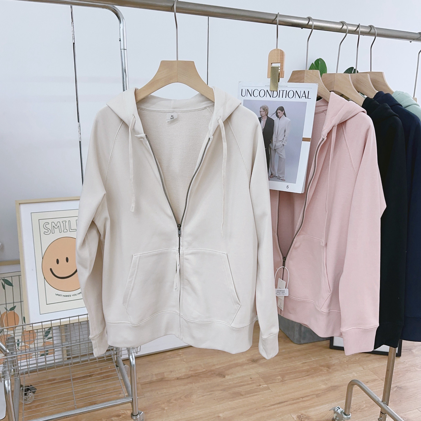 毛圈棉休闲连帽卫衣外套女春秋款宽松显瘦上衣简约运动风拉链开衫