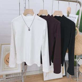 内搭长袖 女白色修身 t恤百搭短上衣 加绒半高领打底衫 2025秋冬新款