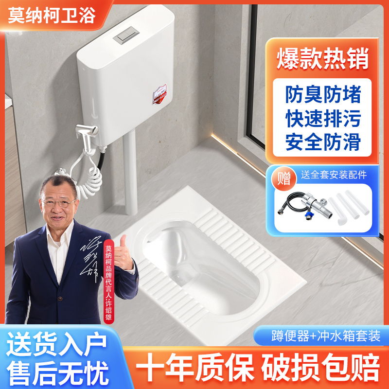 莫纳柯家用陶瓷蹲便器冲水箱整套装大便器卫生间防臭蹲坑蹲厕便池