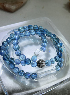 天然海蓝宝三圈手串手链晶体通透干净魔鬼蓝深海蓝色