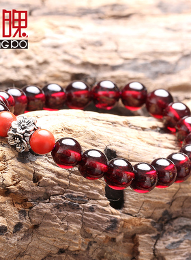 高档天然酒红石榴石朱砂单圈手串