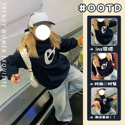 藏青色刺绣卡通连帽衫卫衣女秋冬2024新款韩系慵懒风加绒加厚外套