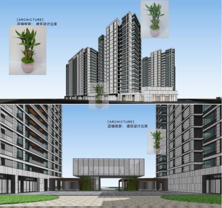 现代小高层住宅公建化立面表皮沿街商业街商铺入口大门建筑su模型