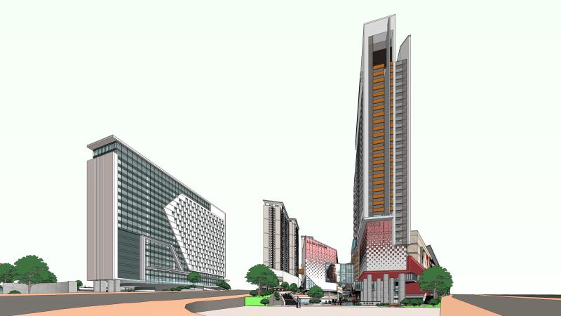 su素材高层办公公寓商业综合体购物广场内街建筑景观SU模型效果图