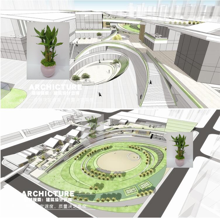 现代中式户外连廊下沉式广场商业街综合体连续折屋面建筑SU模型