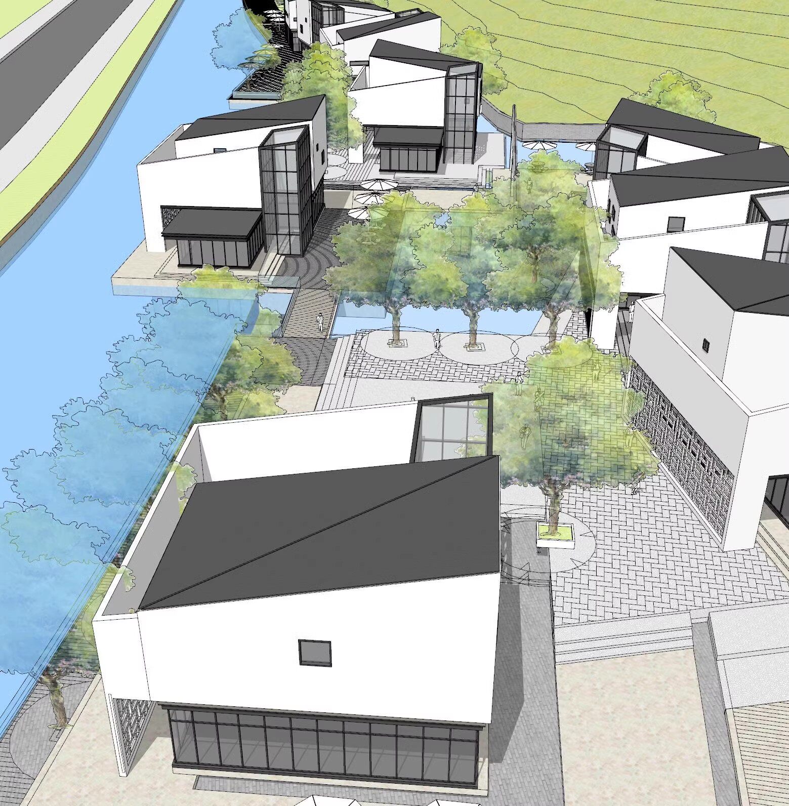 现代新中式仿古滨水商业街古镇民俗酒吧街 坡屋顶建筑设计su模型