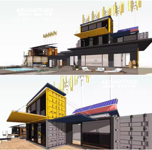 工业风集装箱su sketchup模型改造办公公寓节能太阳能示范建筑