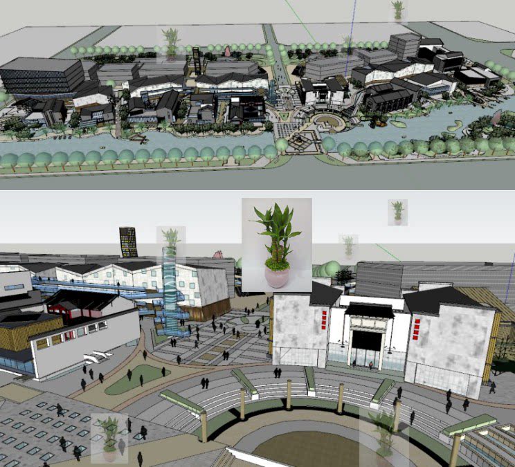 现代新中式滨水江南风情景区特色小镇商业街景观sketchup su模型