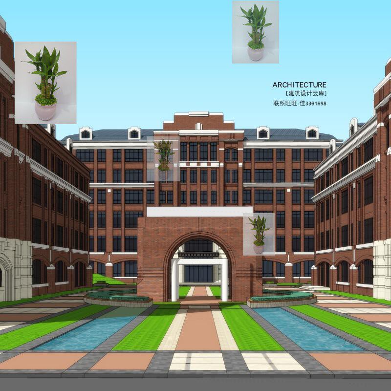 现代学校英式外国语大学中学校园钟楼坡屋顶红砖建筑规划su模型